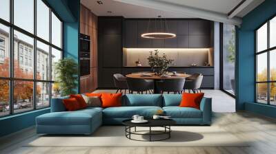 44. A contemporary dining area with a round table, mid-century modern chairs, and pendant lighting Wall mural