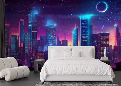 66. A futuristic city skyline at night with neon lights and towering skyscrapers Wall mural