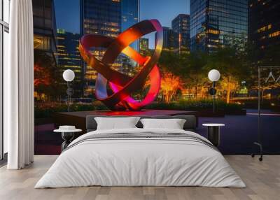 68. A vibrant city scene with a steel sculpture illuminated at night Wall mural