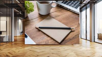 Looking for direction and inspiration, Business working at an office, Office desk table with computer, supplies, flower. Top view. Copy space for text, Wall mural