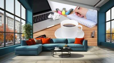 Business, education, people and technology concept - close up of male hands with laptop and coffee cup Wall mural