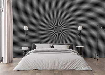 Geometric Madness in Monochrome / A digital abstract work with a geometric radial and spiral pattern producing a circular effect in black and white. Wall mural