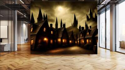 AI Digital Illustration Old Village By Night	 Wall mural