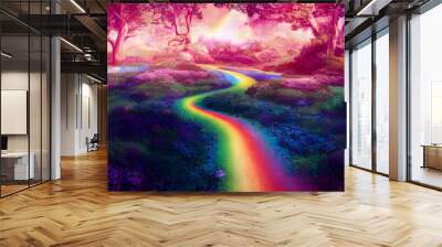 Illustration Mystical Forest With Rainbow Path Wall mural