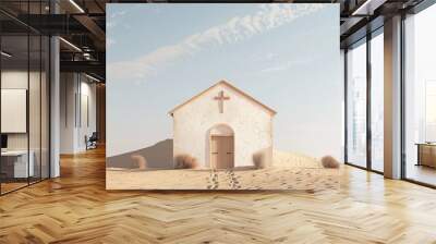 a white church in the desert with a cross Wall mural