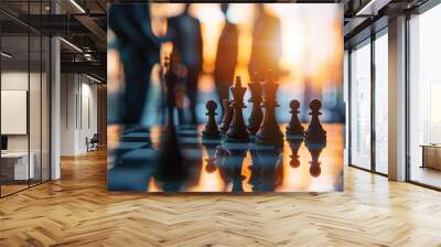 chess in the office with Business people in background with a shallow depth of field. Wall mural