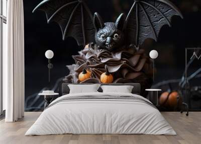 Halloween cupcake with black bat and pumpkins on dark background Wall mural