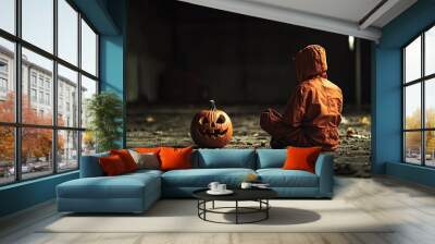 Spooky Little boy in halloween costume sitting on the ground staring at a carved pumpkin at night Wall mural