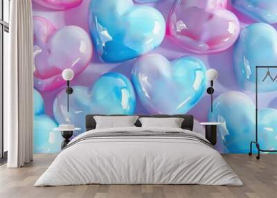 Valentine's day background with pink and blue heart-shaped metallic chrome candies on pink background Wall mural