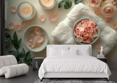 A flat lay of a home spa setup with fluffy towels, candles, and a small bowl of rose petals, isolated on a pastel beige background, Wall mural