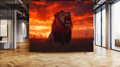 A lion roaring at dusk, its powerful call echoing across the safari, symbolizing strength and dominance, Wall mural