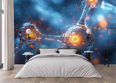 A molecular model of water, with glowing hydrogen and oxygen atoms connected by chemical bonds, Wall mural