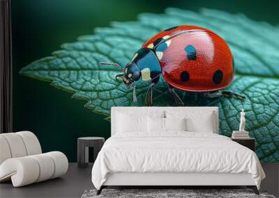 A vibrant ladybug crawling along the edge of a green leaf, Wall mural