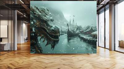 A Viking shipyard where craftsmen carve intricate dragon heads for longship prows, Wall mural