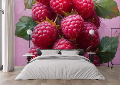 Sweet raspberries on a light pink backdrop, Wall mural