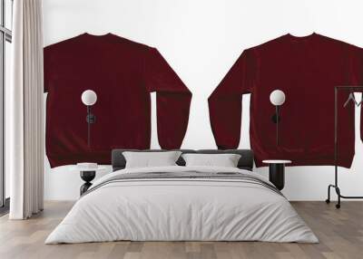 Blank Long Sleeve Sweatshirt Crewneck Color Maroon Template Mockup Front and Back View on Transparent Background Wall mural