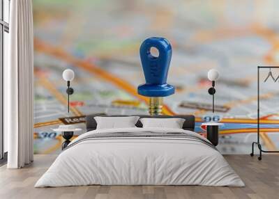 Blue Push Pin on Map Marking Destination Wall mural