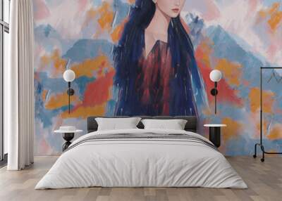 Abstract woman portrait. Oil art, paint strokes.  Wall mural