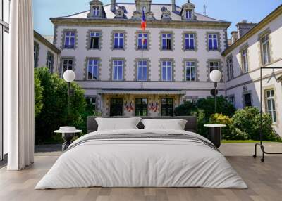 city hall in french town center La Roche-sur-Yon with france flag on outdoor building wall facade Wall mural