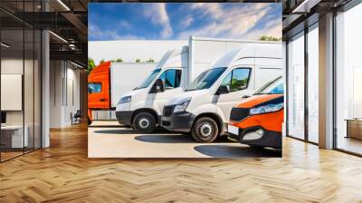 Delivery Trucks vans fleet of cargo trucks courier service warehouse building Wall mural