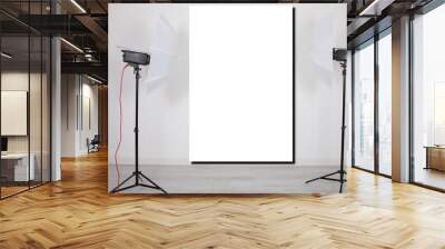 mockup empty room with blank white screen poster studio lights on tripod stands in Concept background with modern lighting equipment for professional photographer Wall mural