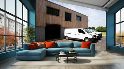 Modern wood new company warehouse building outdoors entrance with truck delivery van Wall mural