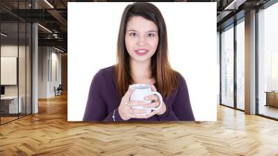 Portrait of young woman with cup tea or coffee Wall mural