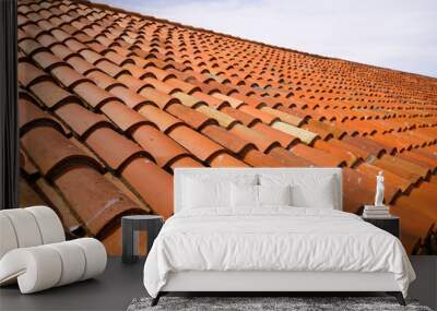 red roof tiles closeup real with sky background Wall mural