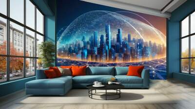 Smart city and abstract dot point connect gradient line design in big data connection technology concept Wall mural