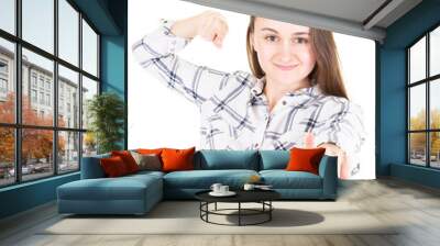 teenager girl on isolated white backgorund points finger to you with confident expression Wall mural