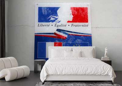 the france and europe flag with writing  liberte egalite fraternite means in french freedom equality fraternity Wall mural