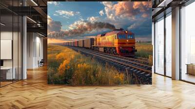 Freight Train Moving Against a Picturesque Landscape Wall mural