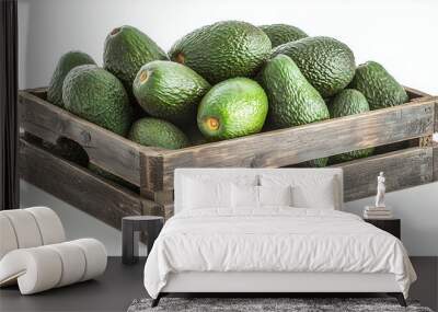 Fresh Ripe Avocados in Wooden Crate Isolated on White Background Wall mural