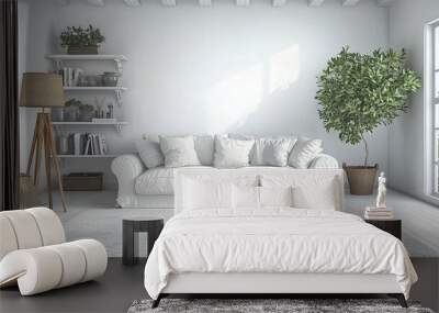 Interior photo of white living room with sofa, shelves, and wooden lamp stand Wall mural