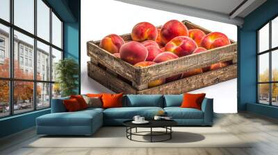 Ripe Peaches in Wooden Box on White Background Wall mural