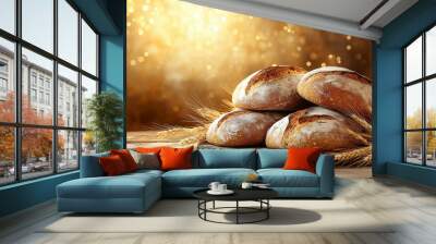 Rustic loaves of bread with ears of wheat on a wooden table Wall mural