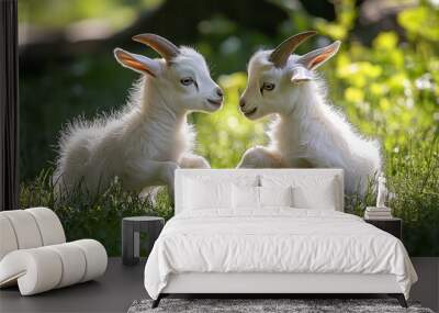 Two white goats playing in the grass. Two little babies, cute  friends. Wall mural