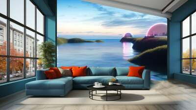 abstract encapsulated cities, on earth or on new habitable planet with life and water, on island, isolation of human pollution, global warming concept, rising water, 3d render, sunset background Wall mural