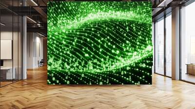 Digital binary code on landscape, glowing neon style, binary data background, Panoramic banner, green color Wall mural