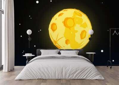 Full moon cartoon shine in night sky with stars, space background with yellow moon, Halloween template illustration Wall mural