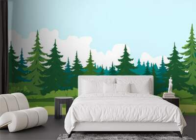 Path along spruce forest with big green trees game background tillable horizontally, tourist route near the dense spruce forest and bushes in summer sunny day nature illustration background Wall mural