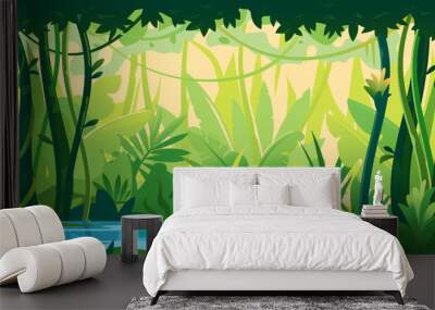 River flows through the jungle around different plants and trees with lianas, wildlife of tropical forest flooded with water, illustration of equatorial jungle, rainforest background Wall mural