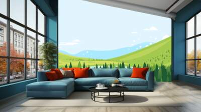 Spruce forest top in summer day landscape background in simple geometric form, wildlife panorama with mountain hills and river in the valley in sunny day with blue sky, green triangular spruces Wall mural