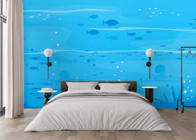 Underwater sea bottom with many plants and fish silhouettes, marine life background Wall mural