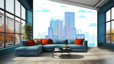 Urban landscape of city business center in linear flat design concept illustration isolated, urban metropolitan areas, cityscape panorama with clouds on white background, real estate architecture Wall mural