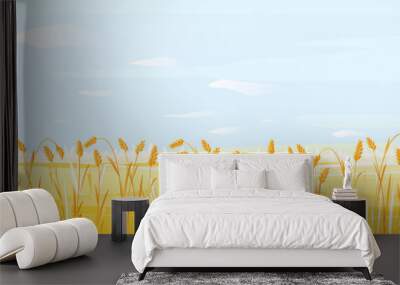 Wheat field with stalks ready for harvest on light blue sky with small white clouds, summer countryside with yellow ripe crops on side view, agricultural summer landscape, grains harvest background Wall mural