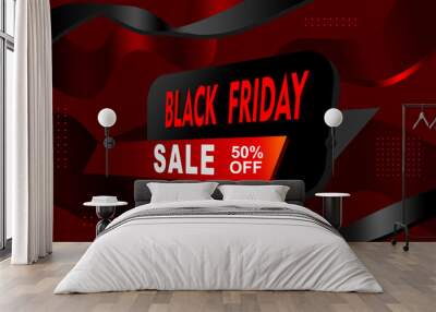 Promo background for Black Friday. Black Friday sale 50% off banner template design with white background and bold black and red shapes, perfect for eye catching holiday promotions and discounts. Wall mural