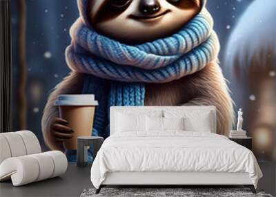 cute sloth in winter clothes with a cardboard glass of coffee on a winter background Wall mural