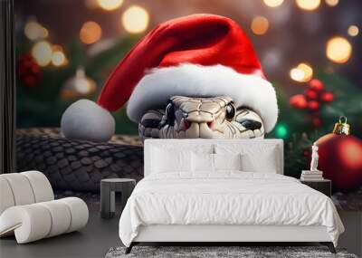 snake character in santa hat on new year background with bokeh Wall mural