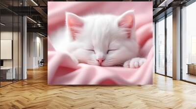 very cute sleeping white kitten sleeping in a pink blanket Wall mural